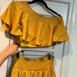 Free People Mustard Ruffle Top and Skirt Set